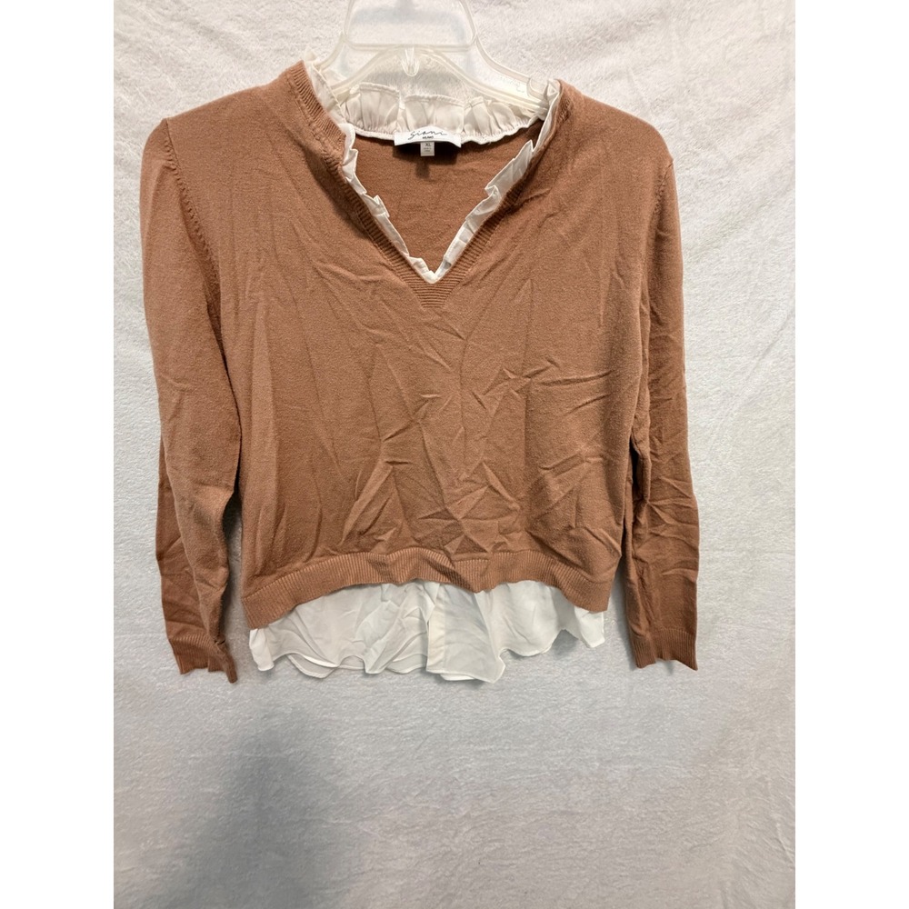 Siani Milano Women XL Tan Layered Ruffle Collar V-Neck Knit Sweater RN 163742
